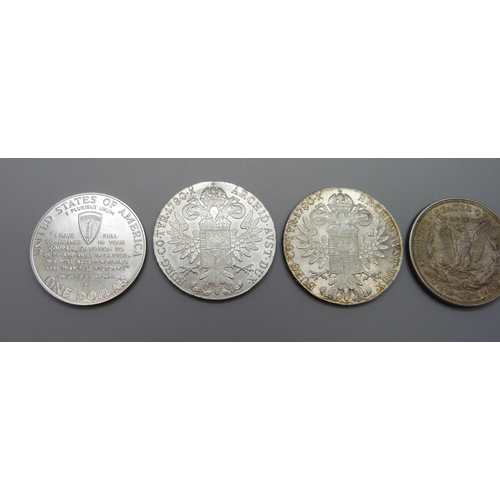 1098 - Five coins; two Marie Theresia Thaler, 1921 US Morgan Dollar, 1974 Eisenhower Dollar and a 1995 silv... 