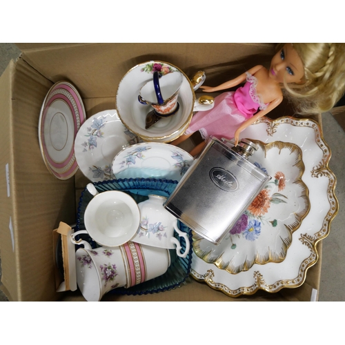 1113 - Royal Crown Derby, Royal Albert and other china, a hip flask, doll, etc. **PLEASE NOTE THIS LOT IS N... 