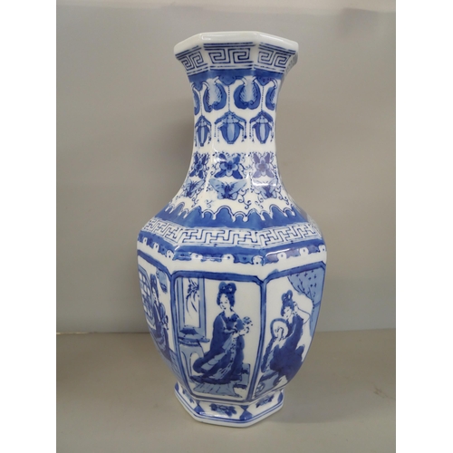 1144 - Two large vases, a bed warming pan, other vases including oriental, one blue and white with characte... 