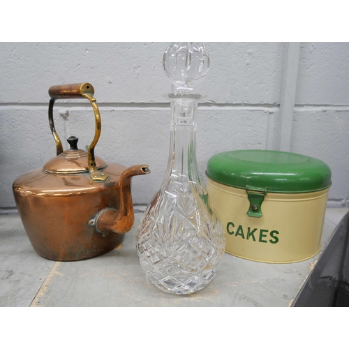 1149 - A copper kettle, a 'Cakes' tin and a glass decanter **PLEASE NOTE THIS LOT IS NOT ELIGIBLE FOR IN-HO... 