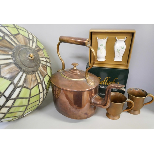 1151 - A large copper kettle, a model train, a Tiffany style lightshade, a/f, a Belleek boxed set and coppe... 