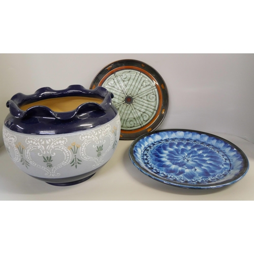 1160 - A Lovatts Langley ware jardiniere and two studio pottery plates, Celtic pottery and Porthmadog **PLE... 