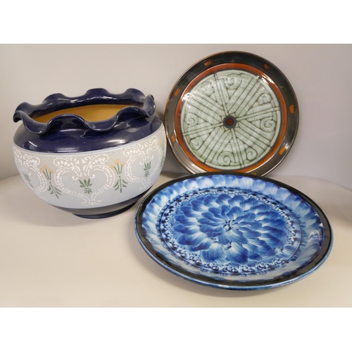 1160 - A Lovatts Langley ware jardiniere and two studio pottery plates, Celtic pottery and Porthmadog **PLE... 