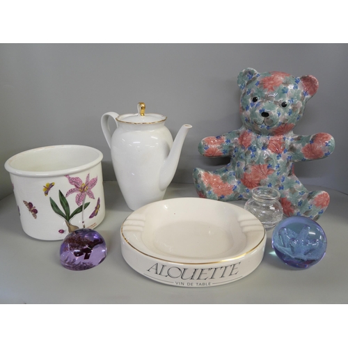 1173 - Three boxes of china and glass including a Scheurich West German vase, a ceramic teddy bear, a Hamme... 