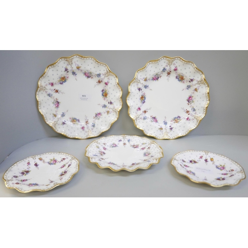 601 - Five Royal Crown Derby Royal Antoinette plates, second quality