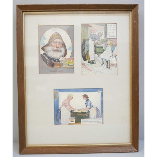 611 - Framed and mounted advertising prints, Sunlight and Lifebuoy Soap