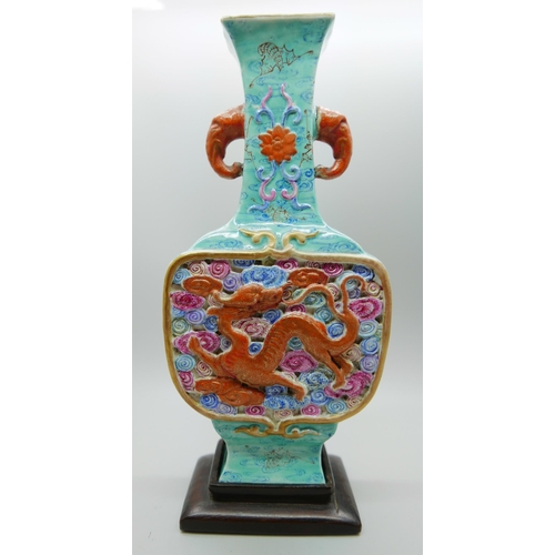 623 - A 19th Century vase in turquoise, with Qian Long mark, 19.5cm