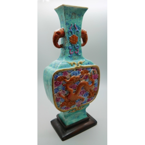 623 - A 19th Century vase in turquoise, with Qian Long mark, 19.5cm