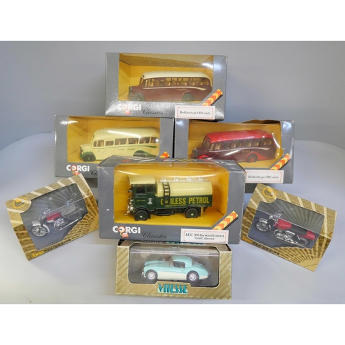 663 - Four Corgi Classics model vehicles, one other Corgi example, Mercedes 300, a Vitesse and two IXO Mus... 