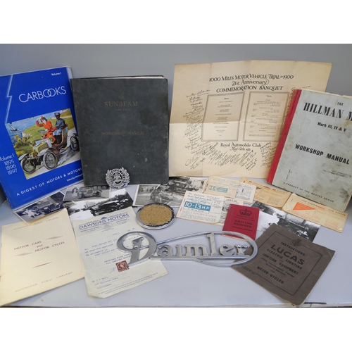 667 - Motoring ephemera including Workshop Manuals for Sunbeam I and II, Hillman Minx, chrome Daimler logo... 