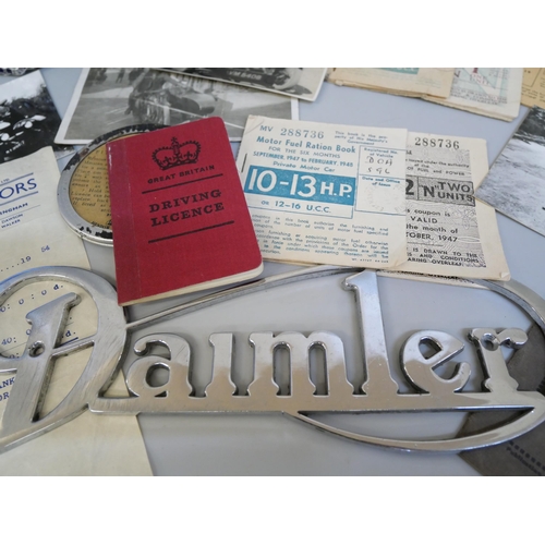 667 - Motoring ephemera including Workshop Manuals for Sunbeam I and II, Hillman Minx, chrome Daimler logo... 