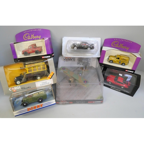 679 - A Corgi Classics model vehicle, Dinky van, Minichamps car, two Cadbury collectables by Corgi, a Corg... 