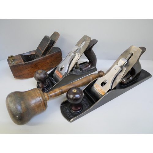 683 - Two Stanley woodworking planes, one other and a mallet