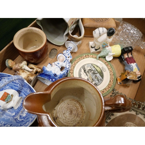 713 - Two boxes of assorted items including a John Citizen crested china figure and Royal Worcester Mr. Ca... 