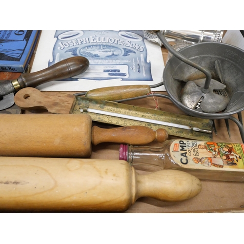 719 - Kitchenalia including advertising, a bull can opener, plated shaker and a Waterford clock