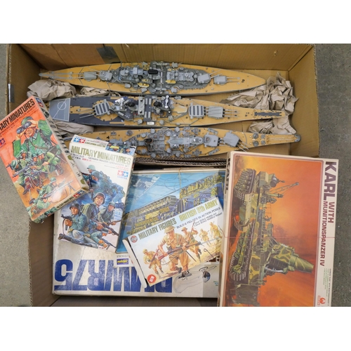 727 - Two boxes containing started/incomplete Tamiya, Revell and other model kits including three large mo... 