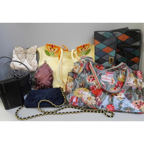 735 - A collection of bags including Cath Kidston, Francesco Biasia, patchwork bag and other evening bags