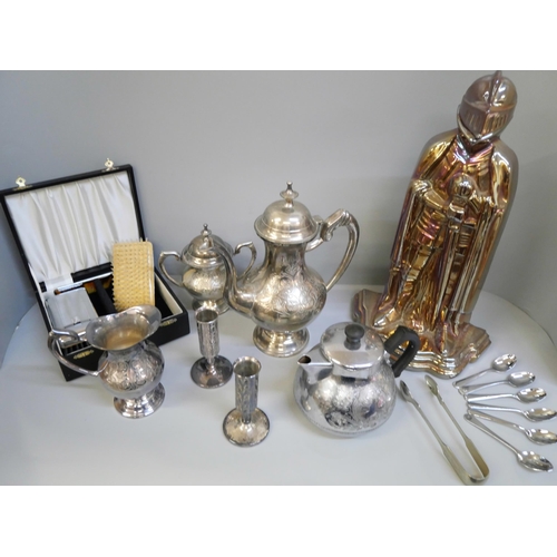 740 - A collection of metalware and other items including a companion set, a grooming set, flatware, coffe... 