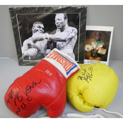 747 - Boxing; two signed boxing gloves, Frank Bruno and Nigel Benn and two signed pictures, Thomas Hearns ... 