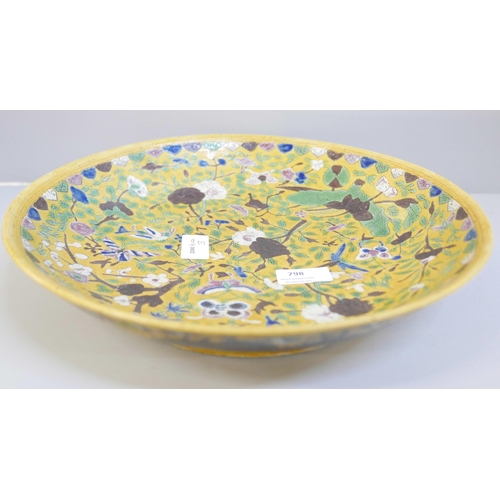 798 - A late 19th Century Chinese yellow ground dish, six character mark, a/f, 33cm