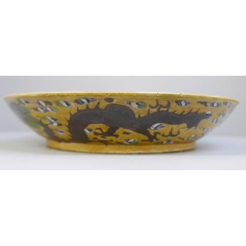 798 - A late 19th Century Chinese yellow ground dish, six character mark, a/f, 33cm