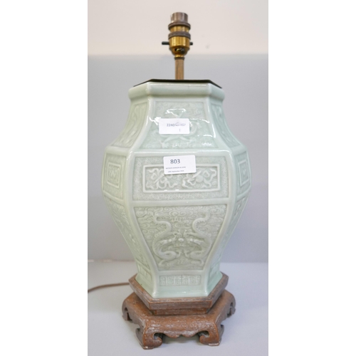 803 - A Chinese celadon porcelain vase, mounted as a table lamp, 36.5cm