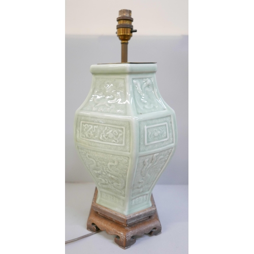 803 - A Chinese celadon porcelain vase, mounted as a table lamp, 36.5cm