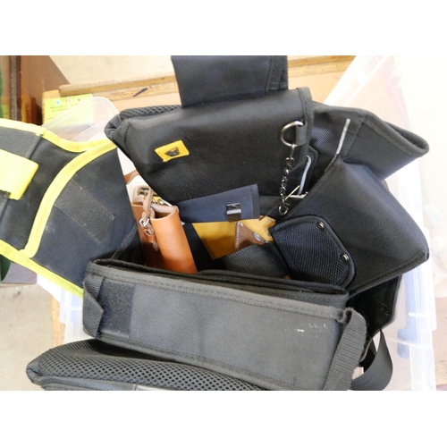 812 - Two boxes of gun/shooting accessories, cartridge belts, telescopic sight parts, toolbelts (one Barra... 