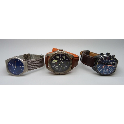 836 - Three wristwatches, Boss, Hanowa Swiss Army and Skagen