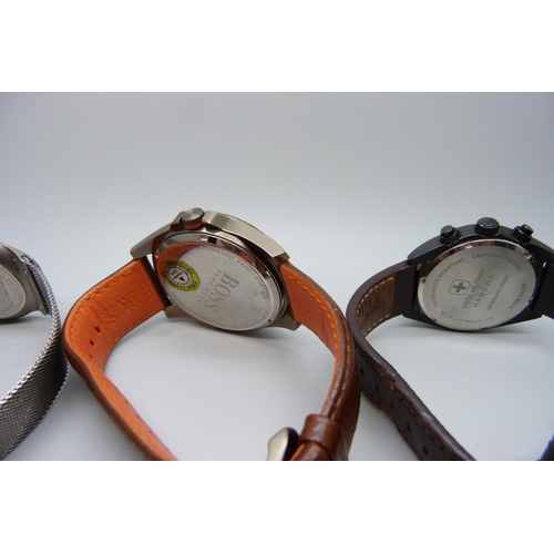 836 - Three wristwatches, Boss, Hanowa Swiss Army and Skagen