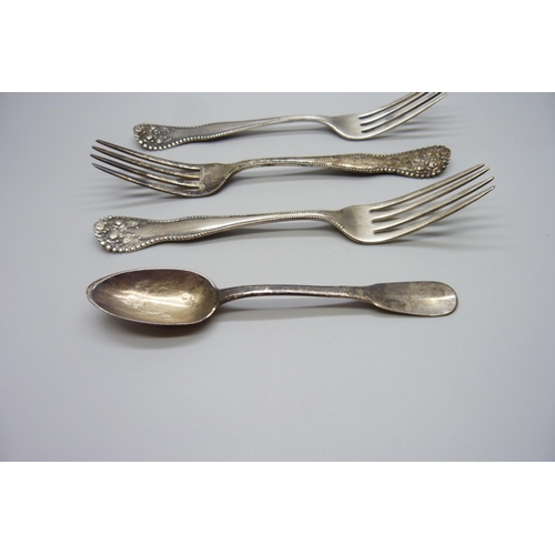 850 - Three silver forks and a silver spoon, 139g, (continental mark on the spoon)