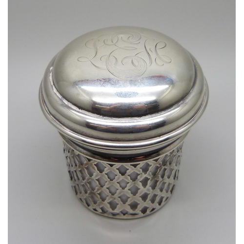 851 - A ‘Maclaren's Imperial Cheese’ sterling silver holder with lid and liner, 53g, liner chipped, height... 