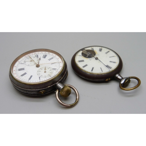 855 - A gun metal pocket watch with open escapement dial and a split second chronograph pocket watch with ... 