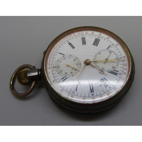 855 - A gun metal pocket watch with open escapement dial and a split second chronograph pocket watch with ... 