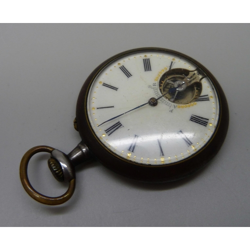 855 - A gun metal pocket watch with open escapement dial and a split second chronograph pocket watch with ... 