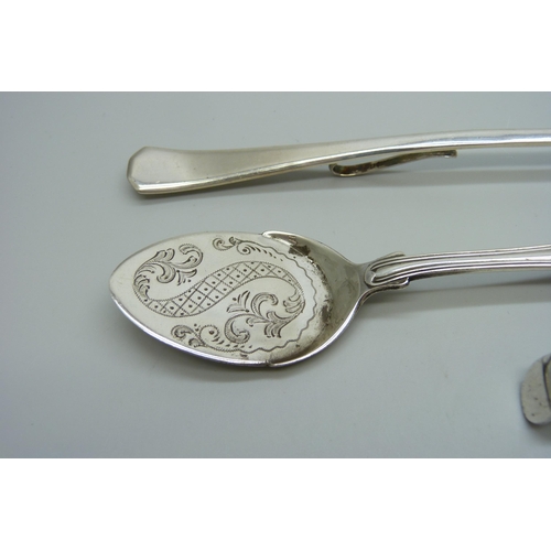 860 - A silver mustard spoon by Peter, Ann & William Bateman, 1804, two silver spoons and a plated ladle, ... 