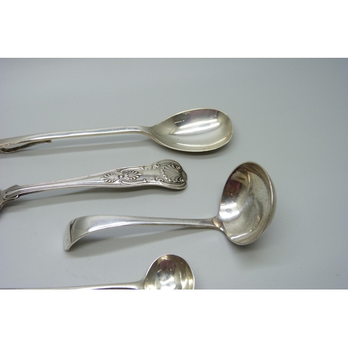 860 - A silver mustard spoon by Peter, Ann & William Bateman, 1804, two silver spoons and a plated ladle, ... 