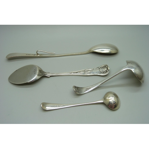 860 - A silver mustard spoon by Peter, Ann & William Bateman, 1804, two silver spoons and a plated ladle, ... 