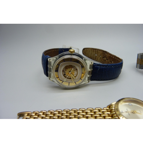 863 - Four wristwatches; Longines, Seiko, Swatch and Pierre Cardin