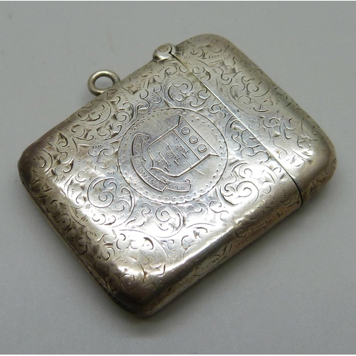 872 - A Victorian silver vesta case, Army Ordnance Corps, Birmingham 1892