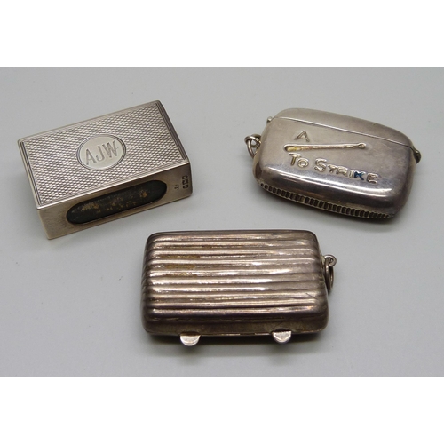 881 - A silver matchbox holder, a 925 silver case and a silver vesta case, 'A Match to Strike'