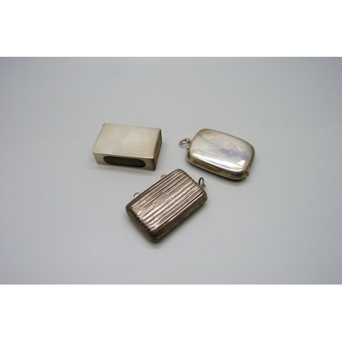 881 - A silver matchbox holder, a 925 silver case and a silver vesta case, 'A Match to Strike'