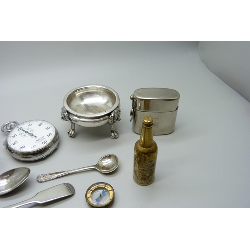 890 - A continental white metal pocket watch case, a/f, a novelty Guinness bottle lighter, military compas... 