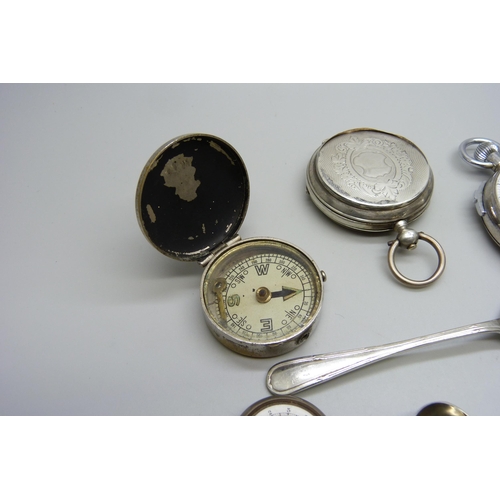 890 - A continental white metal pocket watch case, a/f, a novelty Guinness bottle lighter, military compas... 