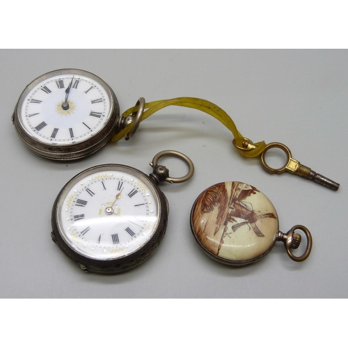 901 - Two .800 silver fob watches and one with enamelled Dutch scene on reverse, (3)