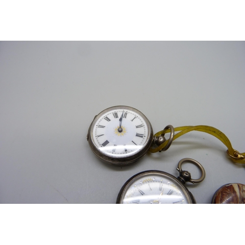 901 - Two .800 silver fob watches and one with enamelled Dutch scene on reverse, (3)