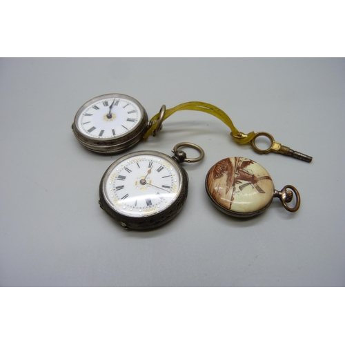 901 - Two .800 silver fob watches and one with enamelled Dutch scene on reverse, (3)