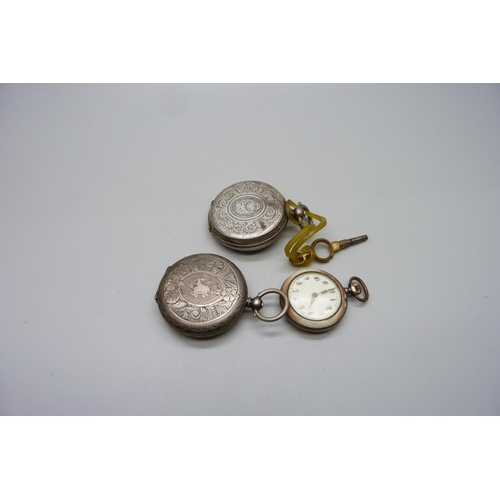 901 - Two .800 silver fob watches and one with enamelled Dutch scene on reverse, (3)