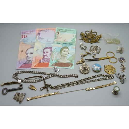 903 - Assorted items including bank notes, military badges, metal Albert chain, etc.