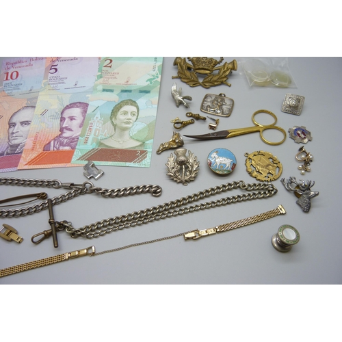 903 - Assorted items including bank notes, military badges, metal Albert chain, etc.